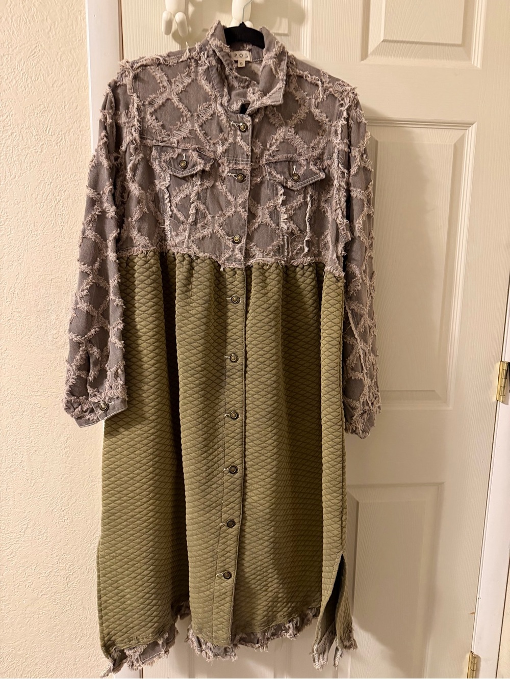 POL Mixed Media Two-Tone Button-Front Shirt Dress/Jacket olive green/brown Small